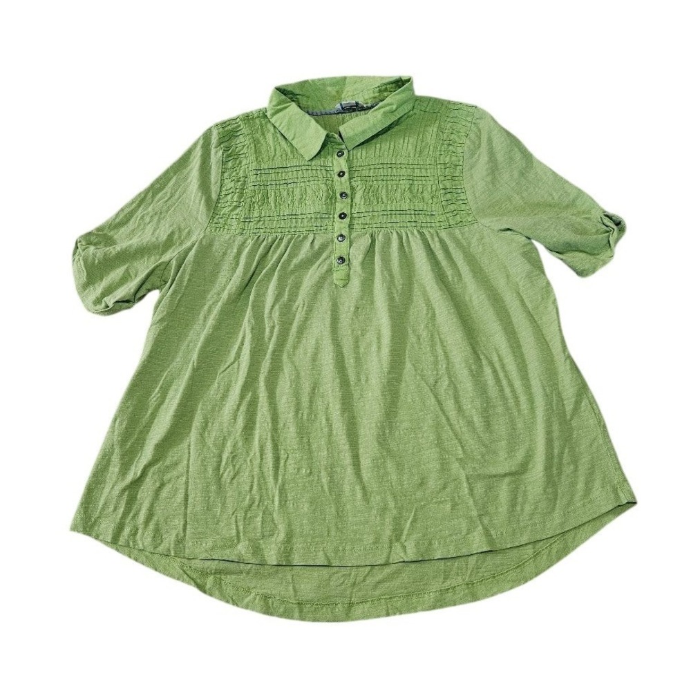 Sundance Womens XL Green Cotton Slub Pintuck Pleated Button Front Tunic Top